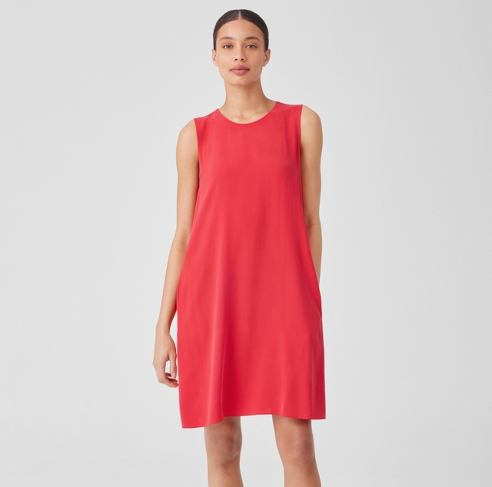 NWT Eileen Fisher Silk Georgette Crepe Round Neck Silk Dress Grenadine S…